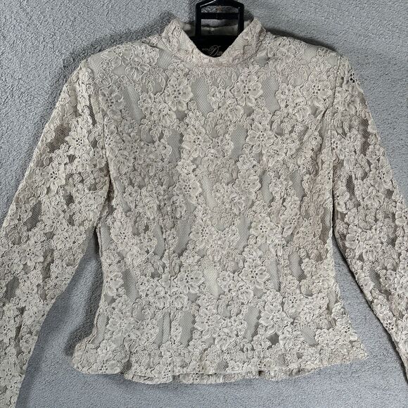 Vintage Ursula Of Switzerland Lace High Neck Blouse‎ Size 8P Beige Floral Blouse - Picture 2 of 13
